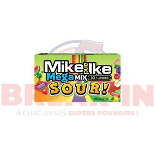 Mike and Ike Mega Mix Sour est un mélange coloré qui comprend 10 bonbons à saveur de fruits acides dans une seule boîte. Les saveurs comprennent Sour Power Pineapple, Sour Zappin' Apple et Sour Pucker Punch.