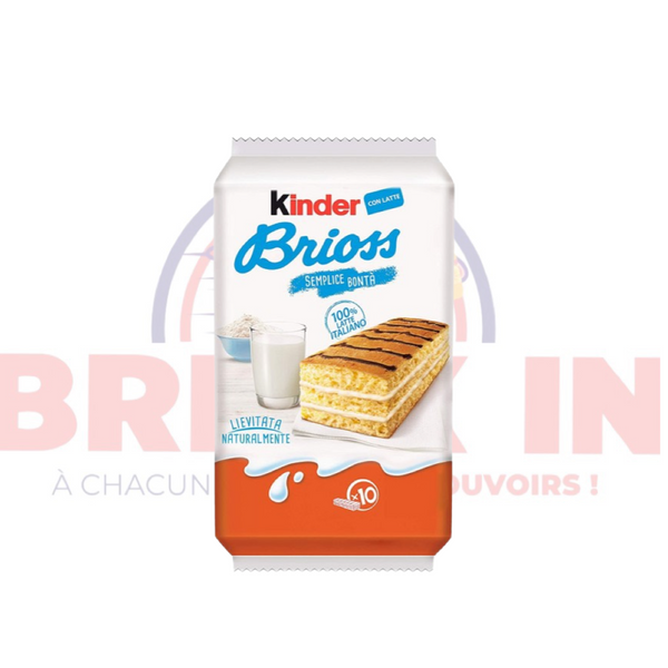 Kinder Brioss : réveille la tendresse. Kinder Brioss associe astucieusement une génoise moelleuse, au levain naturel, à une très bonne garniture riche au lait 100% italien.