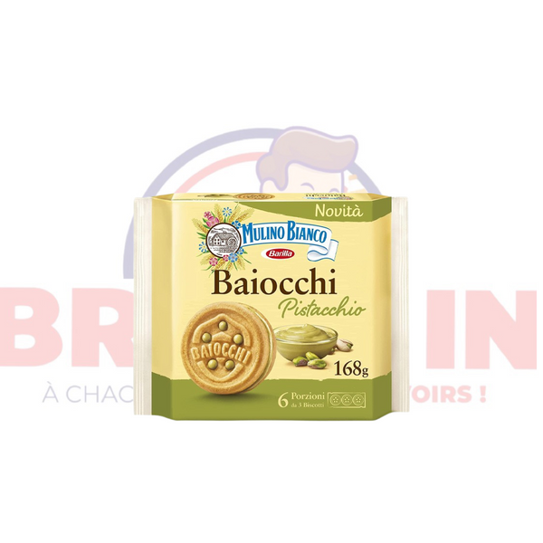 Baiocchi Pistachio: Biscuits fourrés à la délicieuse crème de pistache , la gaufrette de pâte brisée Baiocchi parfumée rencontre une délicieuse et douce crème de pistache.