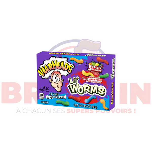 Les bonbons Warheads Worms sont des bonbons faits de gomme acidulée et aromatisée qui est recouverte de sucre très acidulé. Chaque bonbon est composé de deux couleurs qui représentent chacune un parfum différent.